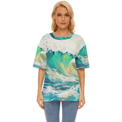 Ai Generated Waves Ocean Sea Tsunami Nautical Art Oversized Basic Tee by Ravend