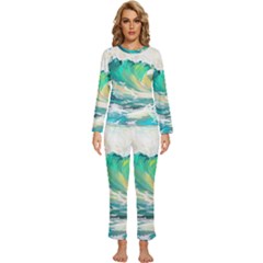 Ai Generated Waves Ocean Sea Tsunami Nautical Art Womens  Long Sleeve Lightweight Pajamas Set by Ravend