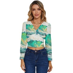 Ai Generated Waves Ocean Sea Tsunami Nautical Art Long Sleeve V-neck Top by Ravend