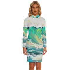 Ai Generated Waves Ocean Sea Tsunami Nautical Art Long Sleeve Shirt Collar Bodycon Dress by Ravend