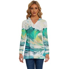 Ai Generated Waves Ocean Sea Tsunami Nautical Art Long Sleeve Drawstring Hooded Top by Ravend