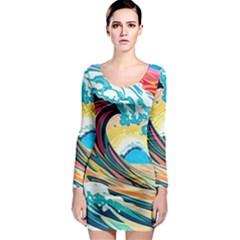 Ai Generated Waves Ocean Sea Tsunami Nautical Arts Long Sleeve Bodycon Dress by Ravend