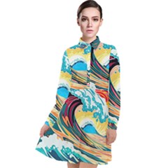 Ai Generated Waves Ocean Sea Tsunami Nautical Arts Long Sleeve Chiffon Shirt Dress by Ravend