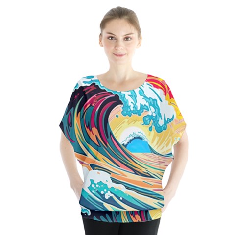 Ai Generated Waves Ocean Sea Tsunami Nautical Arts Batwing Chiffon Blouse by Ravend