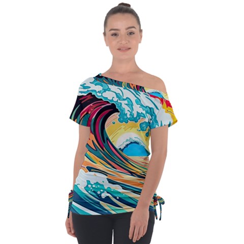 Ai Generated Waves Ocean Sea Tsunami Nautical Arts Off Shoulder Tie-up Tee by Ravend