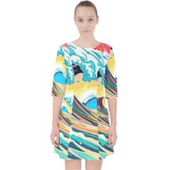 Ai Generated Waves Ocean Sea Tsunami Nautical Arts Quarter Sleeve Pocket Dress by Ravend