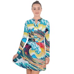 Ai Generated Waves Ocean Sea Tsunami Nautical Arts Long Sleeve Panel Dress by Ravend