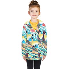 Ai Generated Waves Ocean Sea Tsunami Nautical Arts Kids  Double Breasted Button Coat by Ravend