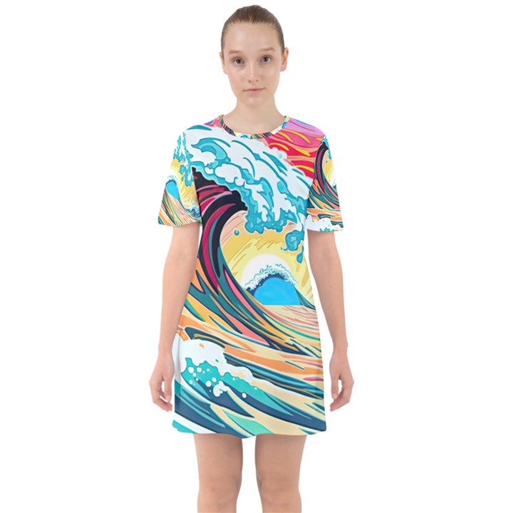 Ai Generated Waves Ocean Sea Tsunami Nautical Arts Sixties Short Sleeve Mini Dress