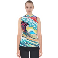 Ai Generated Waves Ocean Sea Tsunami Nautical Arts Mock Neck Shell Top by Ravend