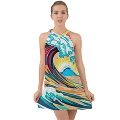 Ai Generated Waves Ocean Sea Tsunami Nautical Arts Halter Tie Back Chiffon Dress by Ravend