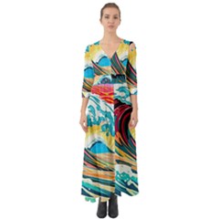 Ai Generated Waves Ocean Sea Tsunami Nautical Arts Button Up Boho Maxi Dress by Ravend