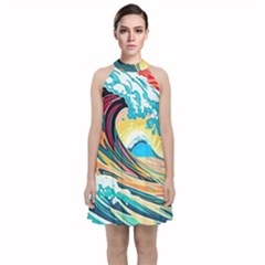 Ai Generated Waves Ocean Sea Tsunami Nautical Arts Velvet Halter Neckline Dress  by Ravend