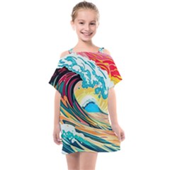 Ai Generated Waves Ocean Sea Tsunami Nautical Arts Kids  One Piece Chiffon Dress by Ravend