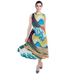 Ai Generated Waves Ocean Sea Tsunami Nautical Arts Round Neck Boho Dress by Ravend