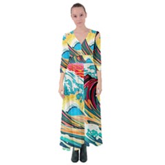 Ai Generated Waves Ocean Sea Tsunami Nautical Arts Button Up Maxi Dress by Ravend