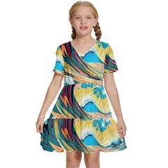 Ai Generated Waves Ocean Sea Tsunami Nautical Arts Kids  Short Sleeve Tiered Mini Dress by Ravend