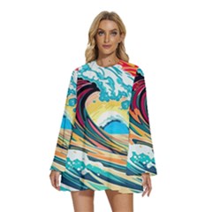 Ai Generated Waves Ocean Sea Tsunami Nautical Arts Round Neck Long Sleeve Bohemian Style Chiffon Mini Dress by Ravend