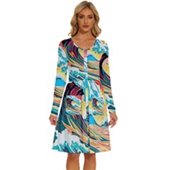 Ai Generated Waves Ocean Sea Tsunami Nautical Arts Long Sleeve Dress With Pocket by Ravend