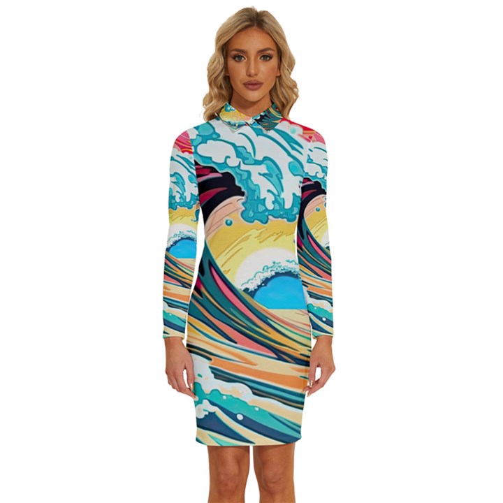 Ai Generated Waves Ocean Sea Tsunami Nautical Arts Long Sleeve Shirt Collar Bodycon Dress