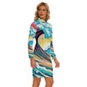 Ai Generated Waves Ocean Sea Tsunami Nautical Arts Long Sleeve Shirt Collar Bodycon Dress View3