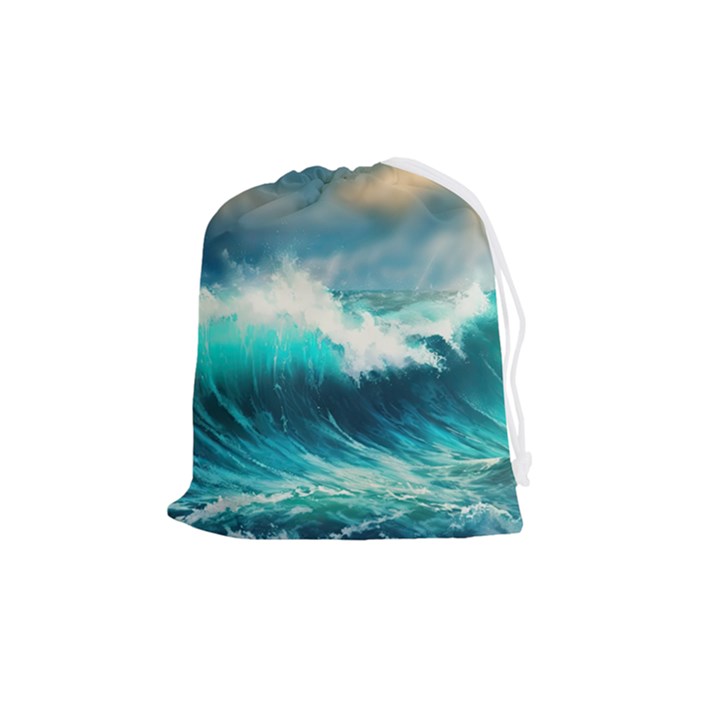 Ai Generated Waves Ocean Sea Tsunami Nautical Painting Drawstring Pouch (Medium)