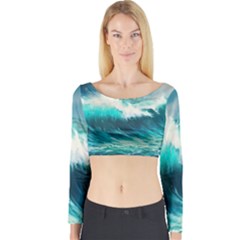 Ai Generated Waves Ocean Sea Tsunami Nautical Painting Long Sleeve Crop Top by Ravend