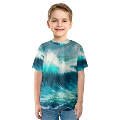 Ai Generated Waves Ocean Sea Tsunami Nautical Painting Kids  Sport Mesh Tee by Ravend