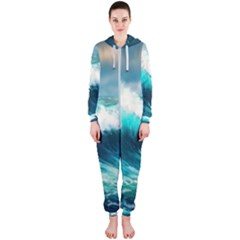 Ai Generated Waves Ocean Sea Tsunami Nautical Painting Hooded Jumpsuit (ladies) by Ravend