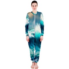 Ai Generated Waves Ocean Sea Tsunami Nautical Painting Onepiece Jumpsuit (ladies) by Ravend