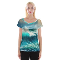 Ai Generated Waves Ocean Sea Tsunami Nautical Painting Cap Sleeve Top by Ravend