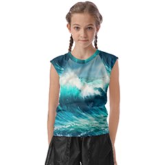 Ai Generated Waves Ocean Sea Tsunami Nautical Painting Kids  Raglan Cap Sleeve Tee by Ravend