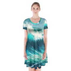 Ai Generated Waves Ocean Sea Tsunami Nautical Painting Short Sleeve V-neck Flare Dress by Ravend