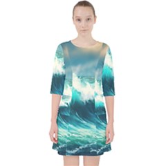 Ai Generated Waves Ocean Sea Tsunami Nautical Painting Quarter Sleeve Pocket Dress by Ravend