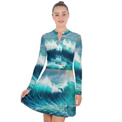 Ai Generated Waves Ocean Sea Tsunami Nautical Painting Long Sleeve Panel Dress by Ravend