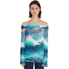 Ai Generated Waves Ocean Sea Tsunami Nautical Painting Off Shoulder Long Sleeve Top by Ravend