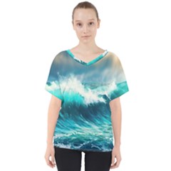 Ai Generated Waves Ocean Sea Tsunami Nautical Painting V-neck Dolman Drape Top by Ravend