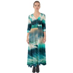 Ai Generated Waves Ocean Sea Tsunami Nautical Painting Button Up Boho Maxi Dress by Ravend