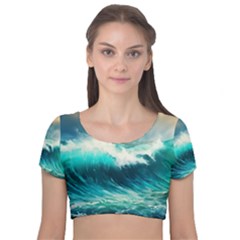 Ai Generated Waves Ocean Sea Tsunami Nautical Painting Velvet Short Sleeve Crop Top  by Ravend