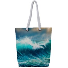 Ai Generated Waves Ocean Sea Tsunami Nautical Painting Full Print Rope Handle Tote (small) by Ravend