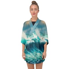 Ai Generated Waves Ocean Sea Tsunami Nautical Painting Half Sleeve Chiffon Kimono by Ravend