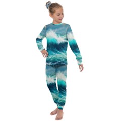 Ai Generated Waves Ocean Sea Tsunami Nautical Painting Kids  Long Sleeve Set  by Ravend