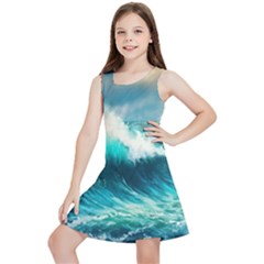 Ai Generated Waves Ocean Sea Tsunami Nautical Painting Kids  Lightweight Sleeveless Dress by Ravend