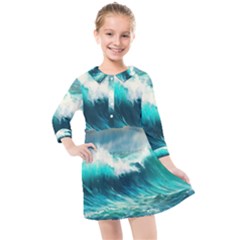 Ai Generated Waves Ocean Sea Tsunami Nautical Painting Kids  Quarter Sleeve Shirt Dress by Ravend