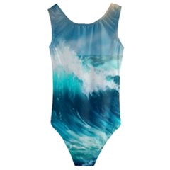 Ai Generated Waves Ocean Sea Tsunami Nautical Painting Kids  Cut-out Back One Piece Swimsuit by Ravend