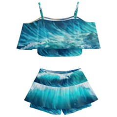 Ai Generated Waves Ocean Sea Tsunami Nautical Painting Kids  Off Shoulder Skirt Bikini by Ravend