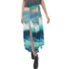 Ai Generated Waves Ocean Sea Tsunami Nautical Painting Velour Split Maxi Skirt by Ravend