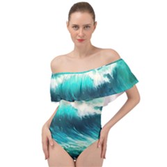 Ai Generated Waves Ocean Sea Tsunami Nautical Painting Off Shoulder Velour Bodysuit  by Ravend