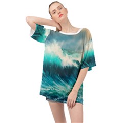 Ai Generated Waves Ocean Sea Tsunami Nautical Painting Oversized Chiffon Top by Ravend