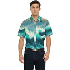 Ai Generated Waves Ocean Sea Tsunami Nautical Painting Men s Short Sleeve Pocket Shirt  by Ravend